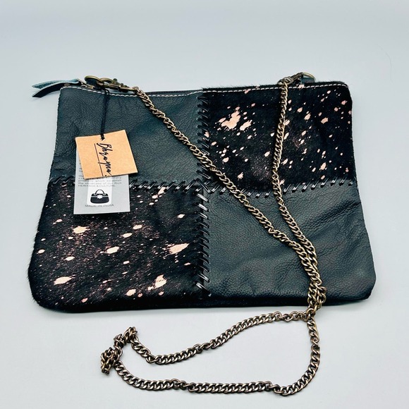 Bhrayna Bags “Denise” Patchwork Metallic Gold Cowhide Leather Crossbody Handbag - Picture 1 of 6